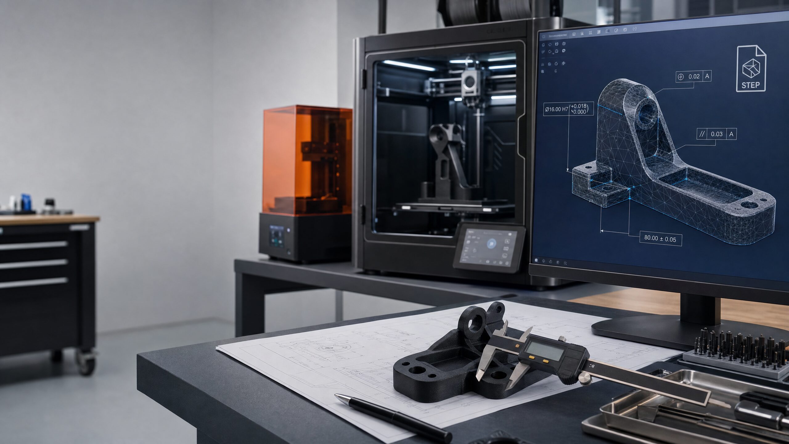 Controllo CAD, STEP e mesh STL per stampa 3D industriale FDM e resina