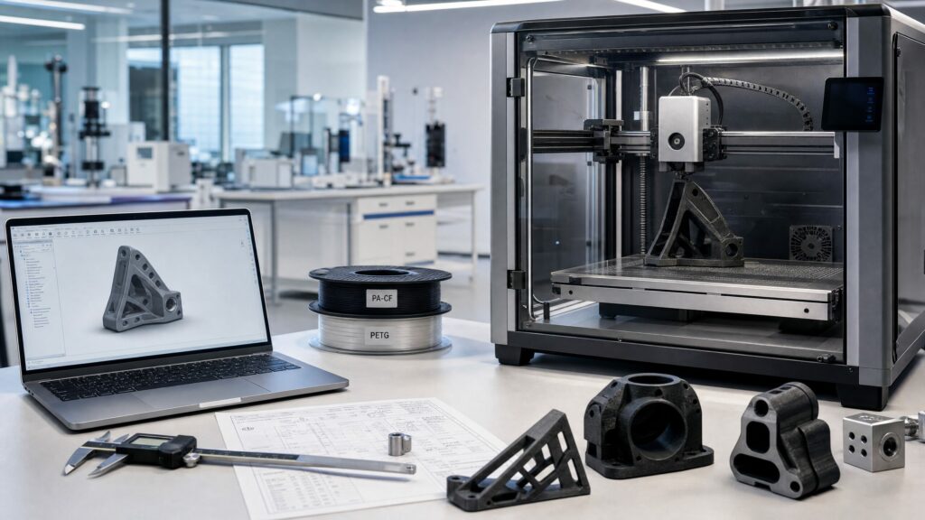 Stampa 3D professionale FDM in laboratorio industriale con CAD, PA-CF e controllo dimensionale