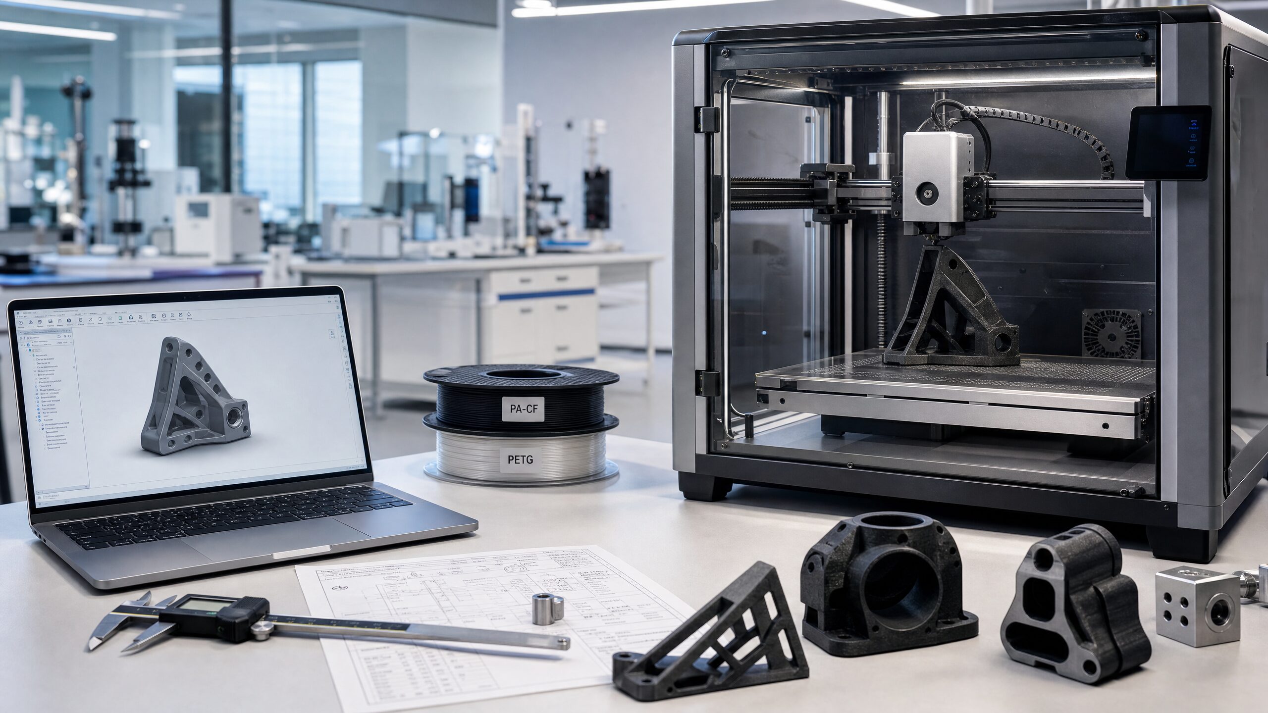 Stampa 3D professionale FDM in laboratorio industriale con CAD, PA-CF e controllo dimensionale