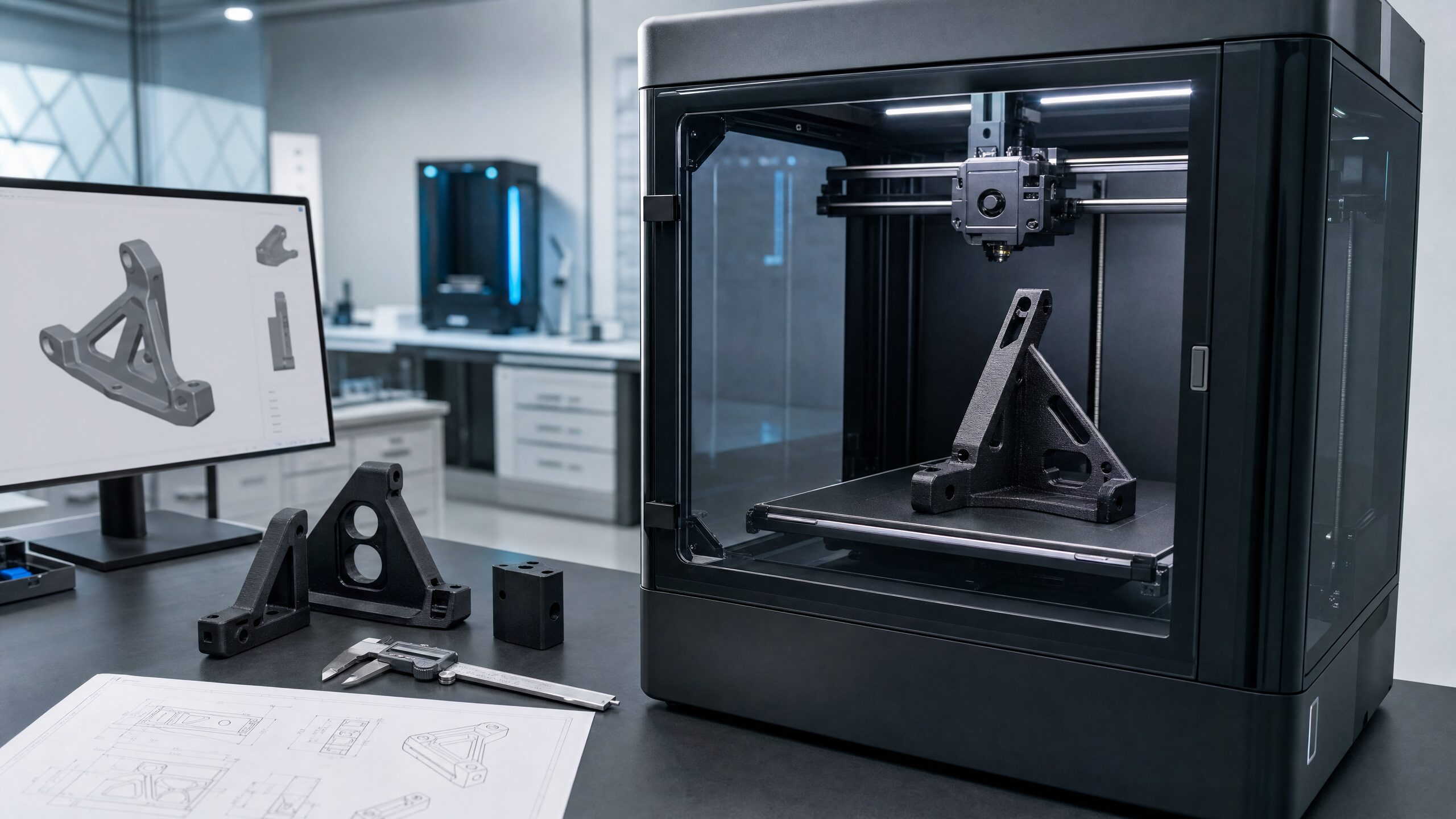 Stampa 3D professionale FDM in laboratorio industriale con CAD, PA-CF e controllo dimensionale