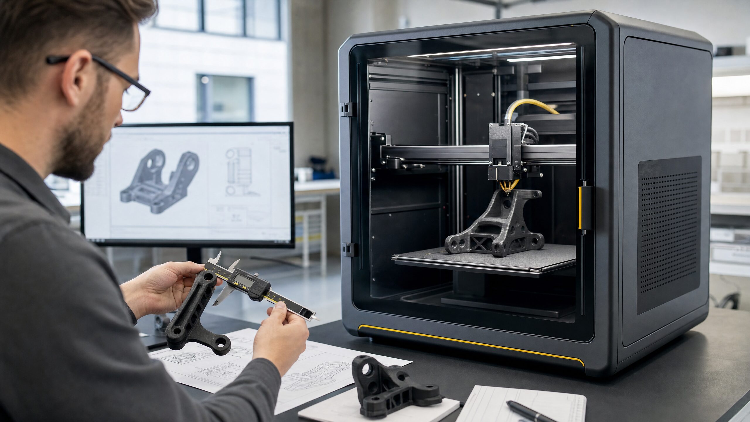 Ingegnere misura un componente funzionale stampato in 3D FDM accanto a una stampante professionale