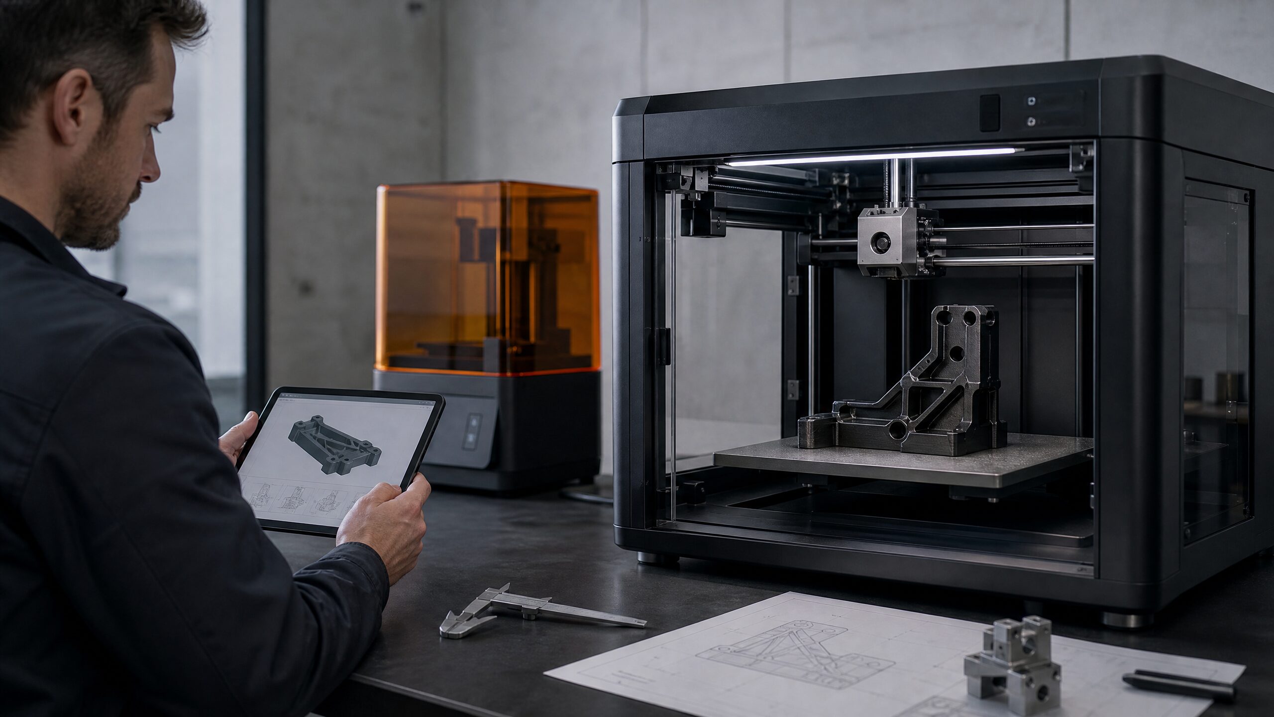 Tecnico analizza un file CAD accanto a una stampante 3D FDM professionale e a una stampante SLA