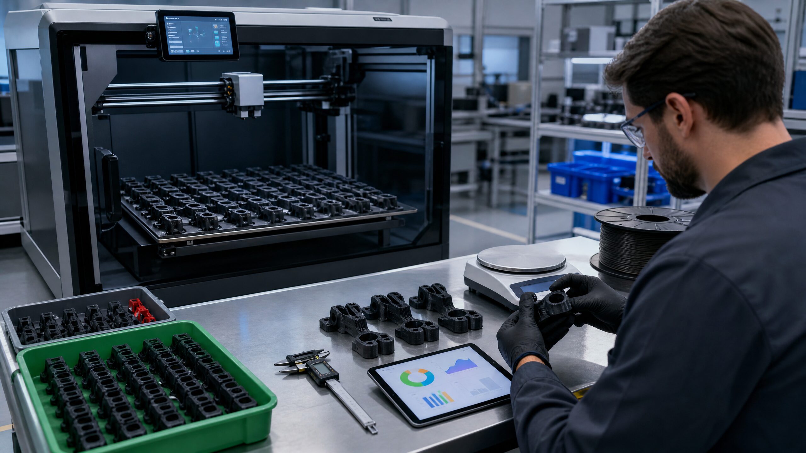 Produzione FDM in lotti con controllo qualità e ottimizzazione del costo per parte