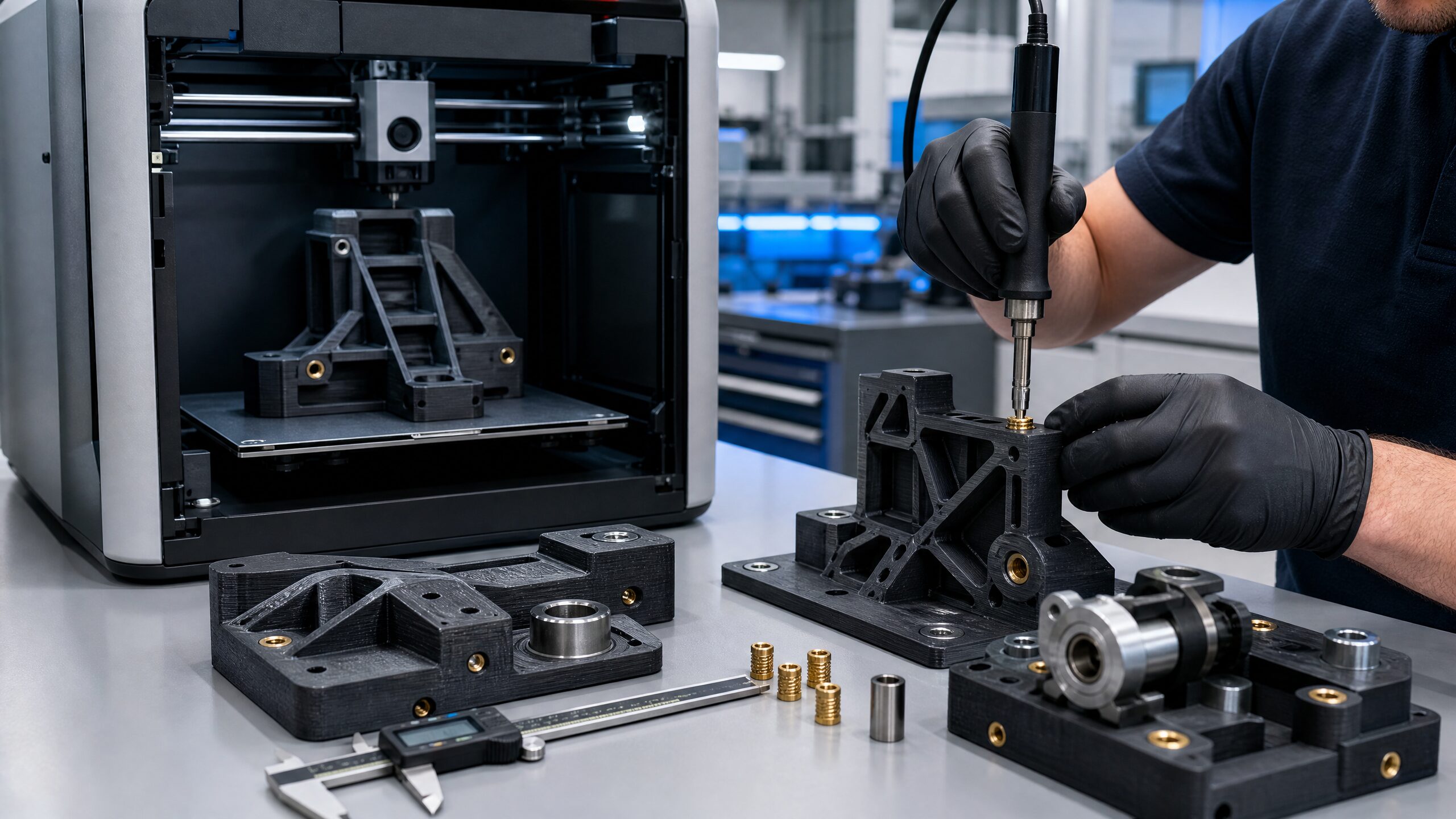 Dima FDM in PA-CF con inserti filettati in ottone e bussola di foratura per produzione industriale