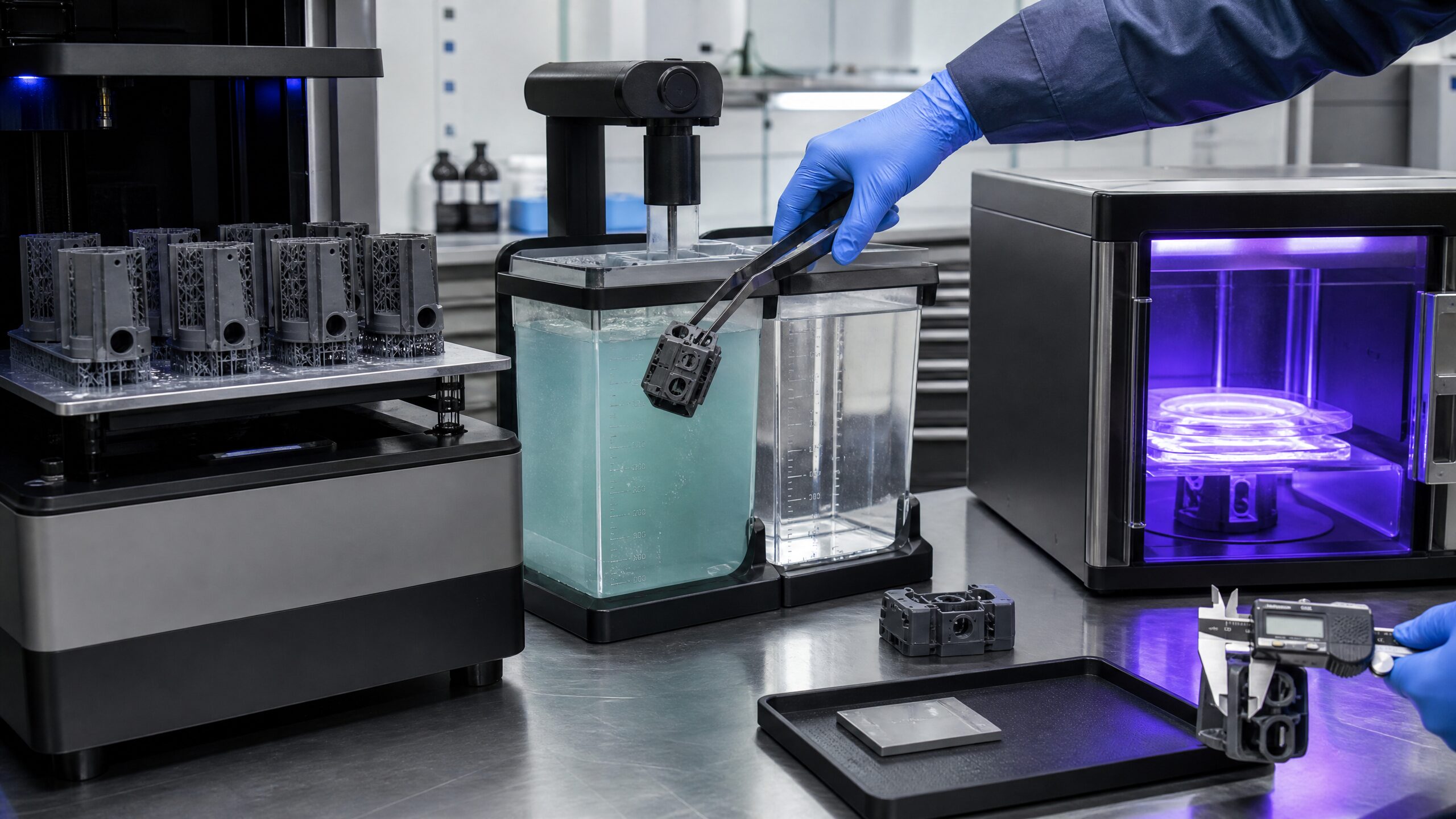 Workflow professionale di lavaggio e post-curing UV per parti funzionali stampate in resina SLA LCD