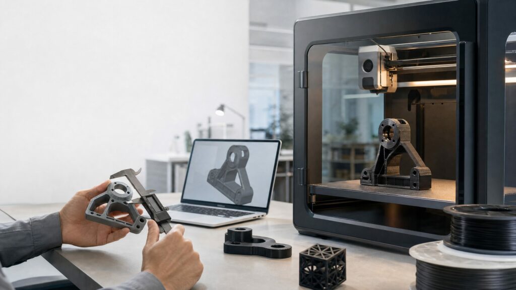 Ingegnere misura un prototipo vicino a una stampante 3D FDM professionale in ufficio tecnico