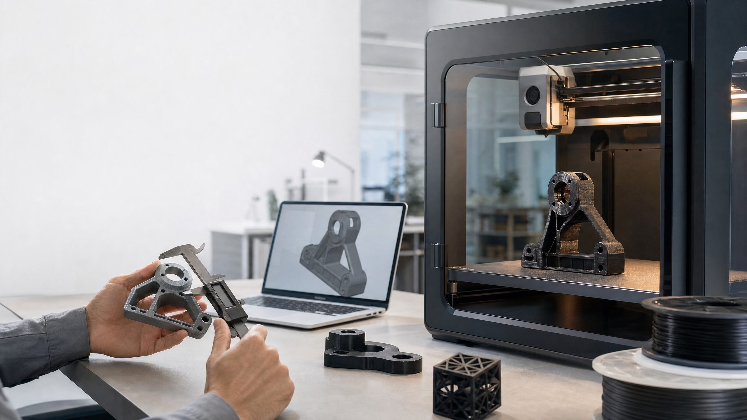 Ingegnere misura un prototipo vicino a una stampante 3D FDM professionale in ufficio tecnico